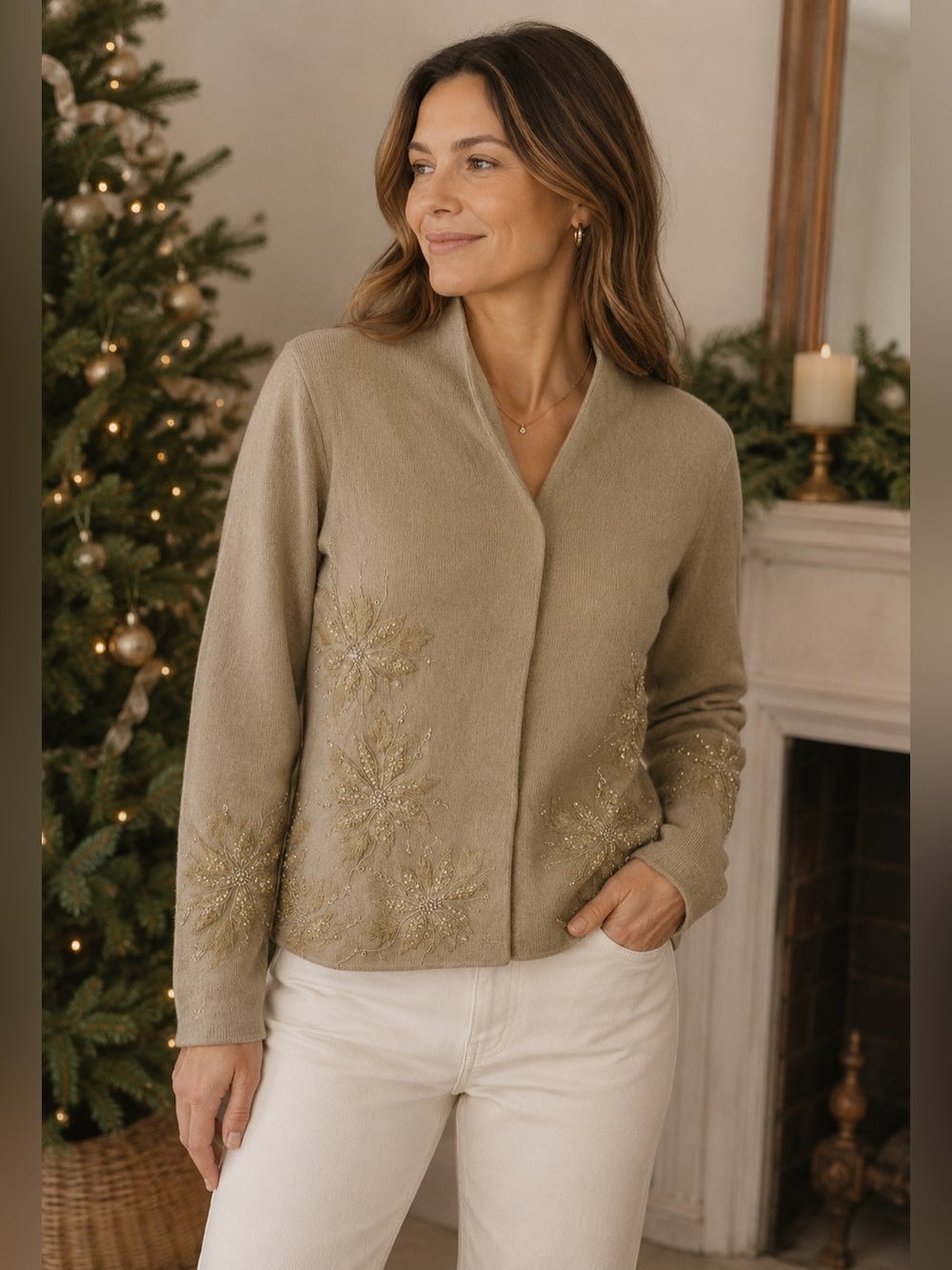 Talbots Beige 100% Wool Knit Cardigan Sweater Size S Embellished Holiday Neutral